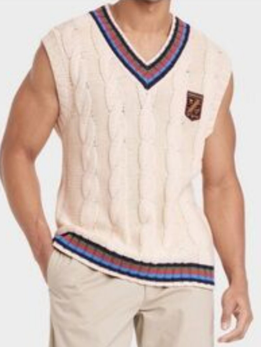 Men's Houston White Cream Cable Knit V-Neck Sweater Vest with Contrast Trim XL